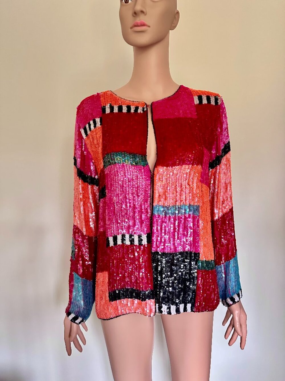 Vintage 80s Sequin Jacket Colorful Patchwork Beaded Statement Jacket Maximalist